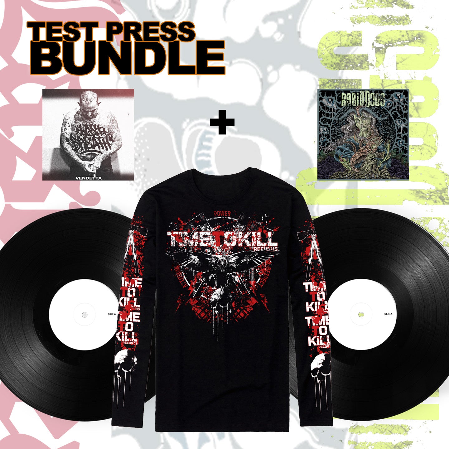 Test press Bundle: Rabid Dogs "Black Cowslip" + Lastbreath "Vendetta" + TTK Solo Macello longsleeve